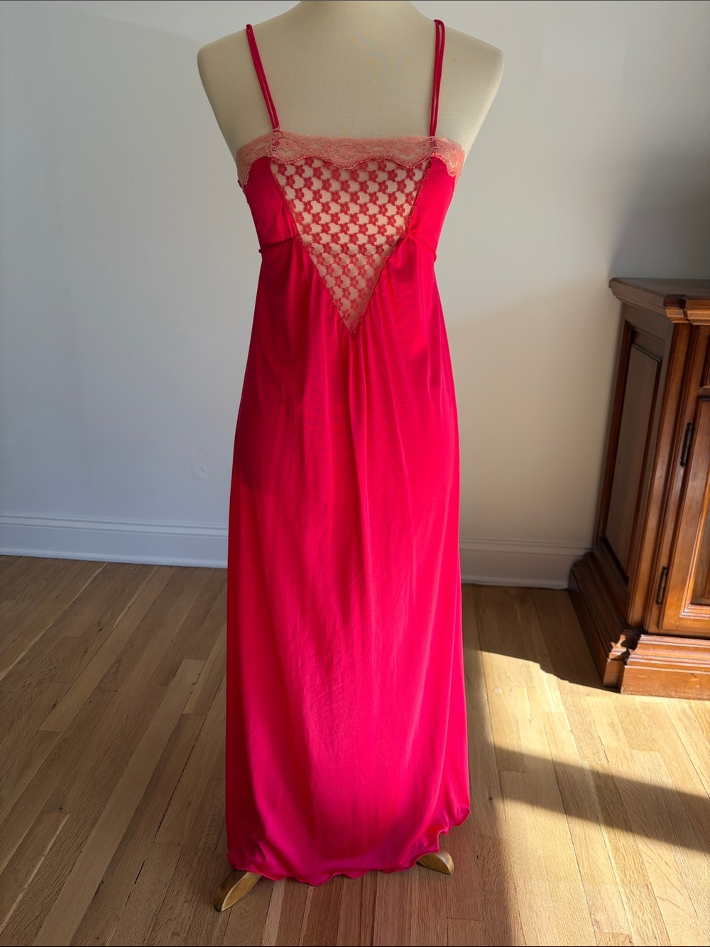 Title: Vintage Red Satin Lace Maxi Nightgown Slip Dress Empire Waist Y2K